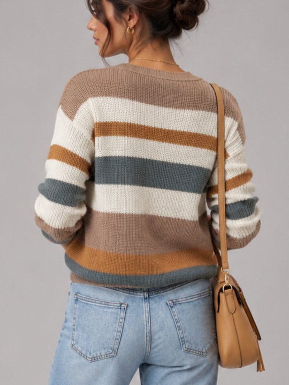 Women’s Oversized Striped Knit Sweater Casual Drop Shoulder Cozy Pullover - Picture 2 of 6